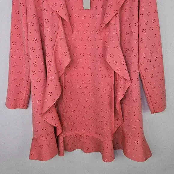 New Cupio Peach Solid Ruffle Scuba Floral Eyelet Open Front Blazer Jacket Large - Picture 11 of 15